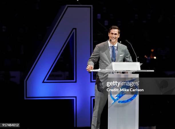 Vincent Lecavalier speaks during the ceremony to retire his by the Tampa Bay Lightning prior to the game against the Los Angeles Kings at the Amalie...