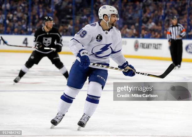 Cory Conacher of the Tampa Bay Lightning skates against the Los Angeles Kings at the Amalie Arena on February 10, 2018 in Tampa, Florida.