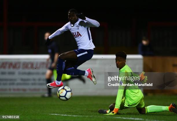 Shilow Tracey of Tottenham scores his sides second goal past Nathan Trott of West Ham during the Premier League 2 match between West Ham United and...