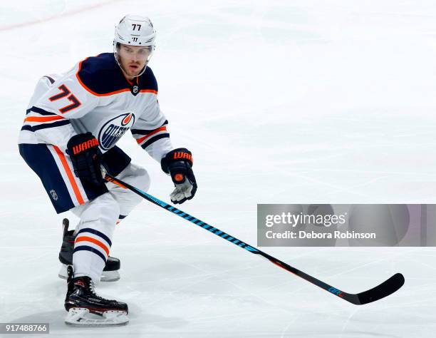 Oscar Klefbom of the Edmonton Oilers skates during the game against the Anaheim Ducks on February 9, 2018 at Honda Center in Anaheim, California.