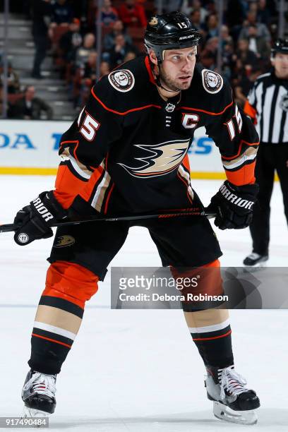 Ryan Getzlaf of the Anaheim Ducks lines up for a face-off during the game against the Edmonton Oilers on February 9, 2018 at Honda Center in Anaheim,...