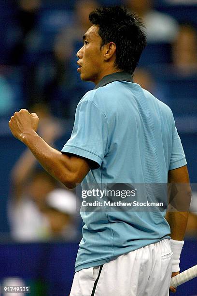 Shao-Xuan Zeng of China celebrates a point against Dudi Sela of Israel during day one of the 2009 Shanghai ATP Masters 1000 at Qi Zhong Tennis Centre...