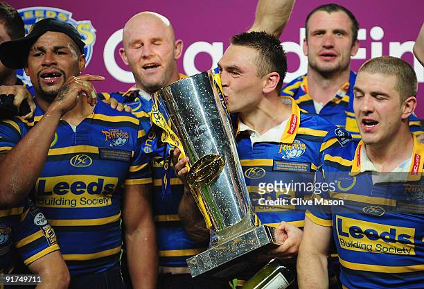 Kevin Sinfield of Leeds Rhinos kisses the trophy after winning the Engage Super League Grand Final between Leeds Rhinos and St Helens Old Trafford on...