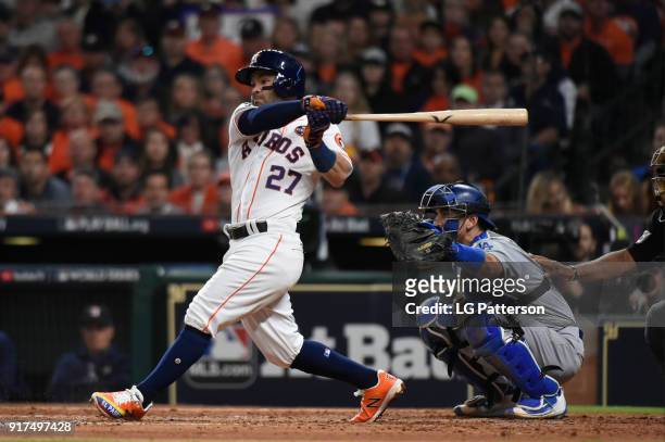 Jose Altuve of the Houston Astros bats during Game 4 of the 2017 World Series against the Los Angeles Dodgers at Minute Maid Park on Saturday,...