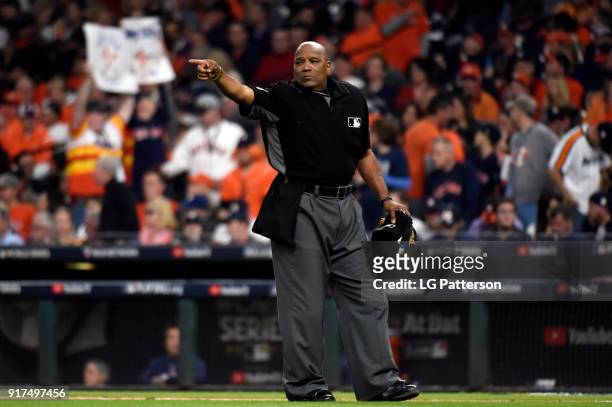 Home plate umpire Laz Diaz looks on during Game 4 of the 2017 World Series between the Los Angeles Dodgers and the Houston Astros at Minute Maid Park...