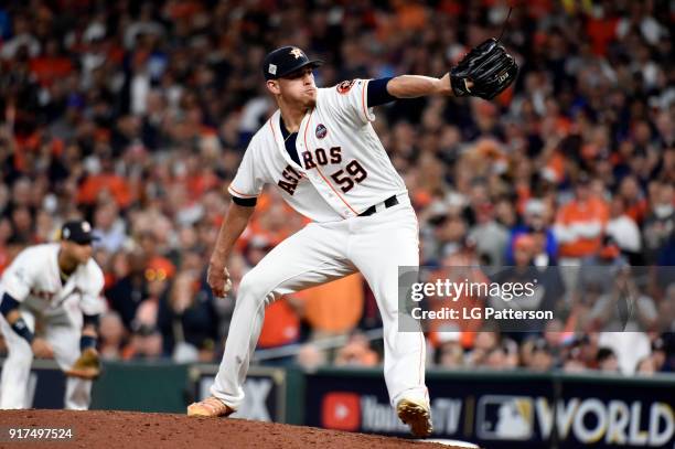 Joe Musgrove of the Houston Astros pitches during Game 4 of the 2017 World Series against the Los Angeles Dodgers at Minute Maid Park on Saturday,...