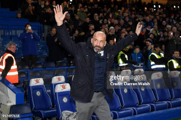 Gianluca Vialli walks on the pitch at half time during the Premier League match between Chelsea and West Bromwich Albion at Stamford Bridge on...