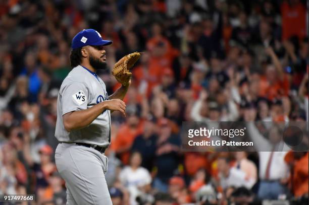 Kenley Jansen of the Los Angeles Dodgers waits for a new ball after giving u pa solo home run to Alex Bregman of the Houston Astros in the ninth...