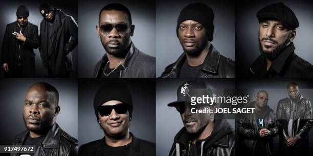Combo of pictures made on February 13, 2018 shows rappers and members of hip-hop collective Secteur A , Lino and Calbo , Passi, Singuila, Stomy...