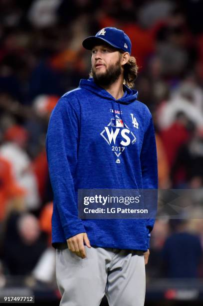 Clayton Kershaw of the Los Angeles Dodgers looks on after the Dodgers defeated the Houston Astros in Game 4 of the 2017 World Series at Minute Maid...