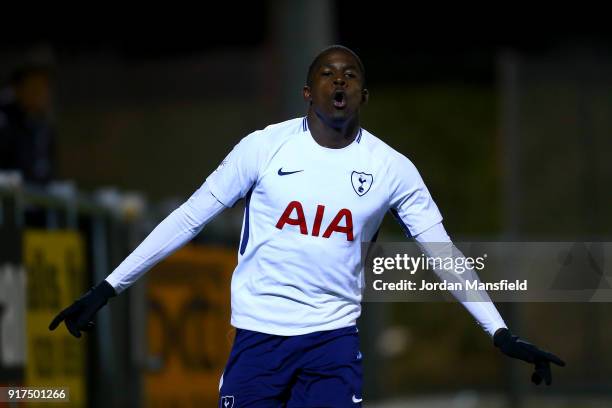 Shilow Tracey of Tottenham celebrates scoring his sides second goal during the Premier League 2 match between West Ham United and Tottenham Hotspur...