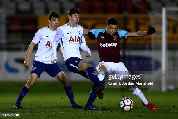 Marcus Browne of West Ham tackles with Jack Toles of West Ham during the Premier League 2 match between West Ham United and Tottenham Hotspur at...