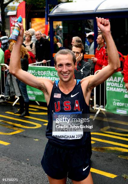 Dathan Ritzenhein of USA celebrates taking bronze in the Men's IAAF/EDF Energy World Half Marathon Championships 2009 on October 11, 2009 in...