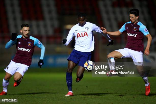 Shilow Tracey of Tottenham tackles with Joe Powell and Sead Haksabanovic of West Ham during the Premier League 2 match between West Ham United and...