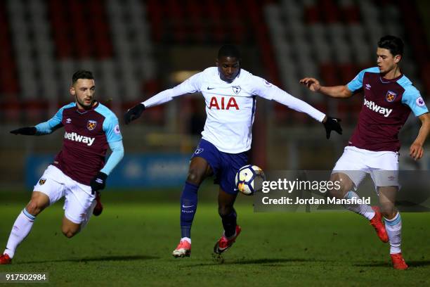 Shilow Tracey of Tottenham tackles with Joe Powell and Sead Haksabanovic of West Ham during the Premier League 2 match between West Ham United and...