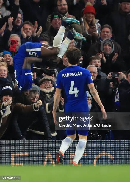 Victor Moses of Chelsea celebrates scoring their 2nd goal as Cesc Fabregas looks on during the Premier League match between Chelsea and West Bromwich...