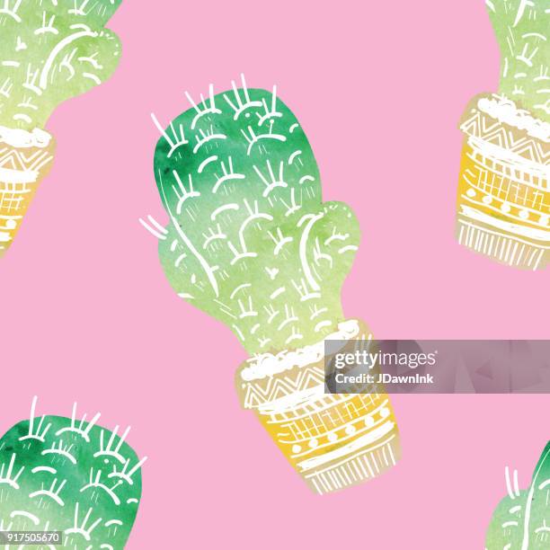 illustrations, cliparts, dessins animés et icônes de modèles sans couture avec main assorti tiré cactus avec texture aquarelle - cactus watercolor