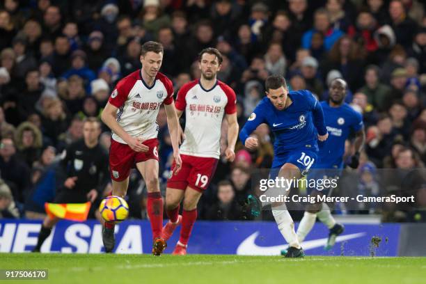 Chelsea's Eden Hazard scores his side's third goal during the Premier League match between Chelsea and West Bromwich Albion at Stamford Bridge on...