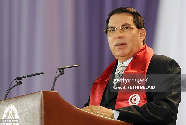 Tunisian President Zine El Abidine Ben Ali delivers his speech at the start of the presidential election campaign on October 11, 2009 in Rades...