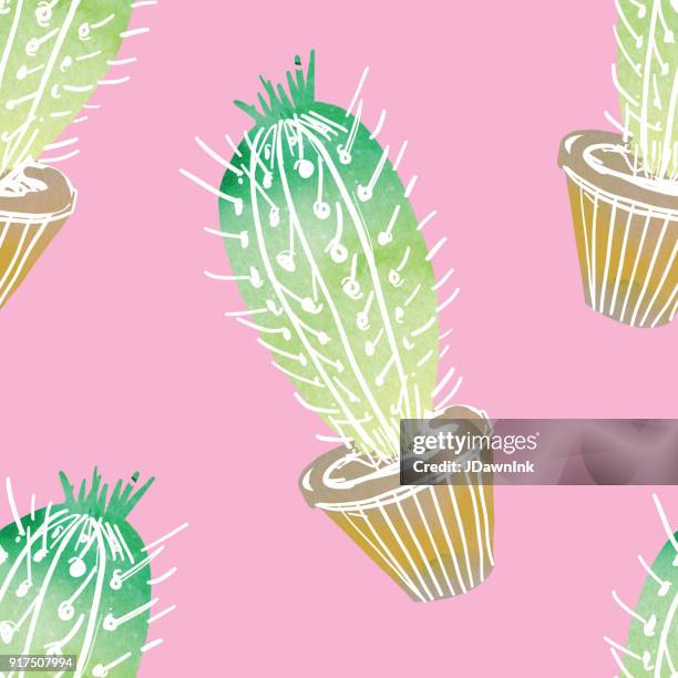 seamless patterns with assorted hand drawn cactus with watercolor texture - watercolor cactus stock illustrations