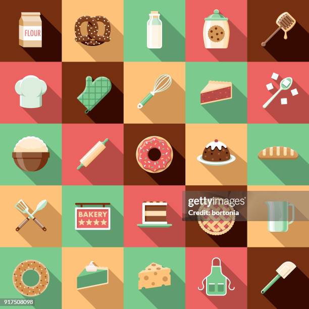 stockillustraties, clipart, cartoons en iconen met platte ontwerp bakken pictogram set met kant schaduw - bakkerij