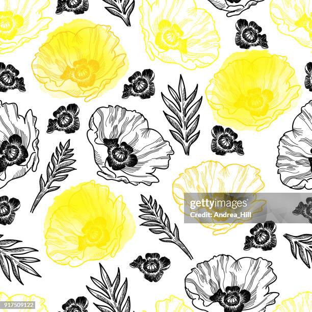 poppy seamless vector pattern - ink drawing with watercolor texture - remembrance day canada stock illustrations