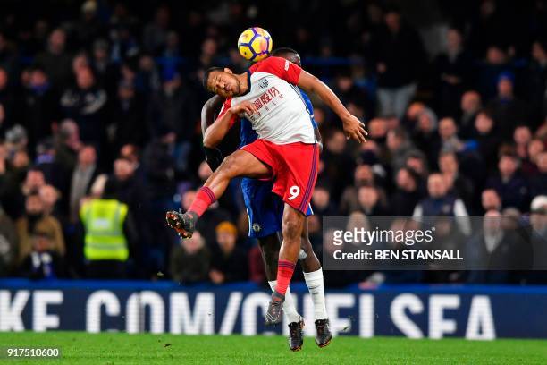 West Bromwich Albion's Venezuelan striker Salomon Rondon jumps against Chelsea's German defender Antonio Rudiger during the English Premier League...