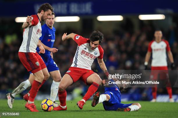 Claudio Yacob of West Bromwich Albion fouls Cesc Fabregas of Chelsea during the Premier League match between Chelsea and West Bromwich Albion at...