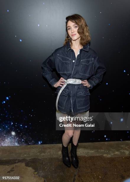 Natalia Dyer poses backstage at the Zadig & Voltaire fashion show during New York Fashion Week at Cedar Lake Studios on February 12, 2018 in New York...