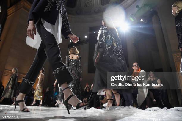 Models walk the runway for the Oscar De La Renta fashion show during New York Fashion Week: The Shows at The Cunard Building on February 12, 2018 in...