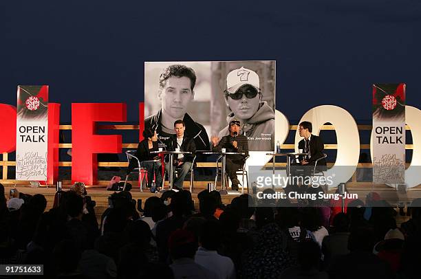 Director Bryan Singer and Kim Ji-Woon attend the Open talk during the 14th Pusan International Film Festival at the Haeundae beach on October 11,...
