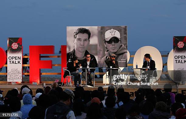 Director Bryan Singer and Kim Ji-Woon attend the Open talk during the 14th Pusan International Film Festival at the Haeundae beach on October 11,...