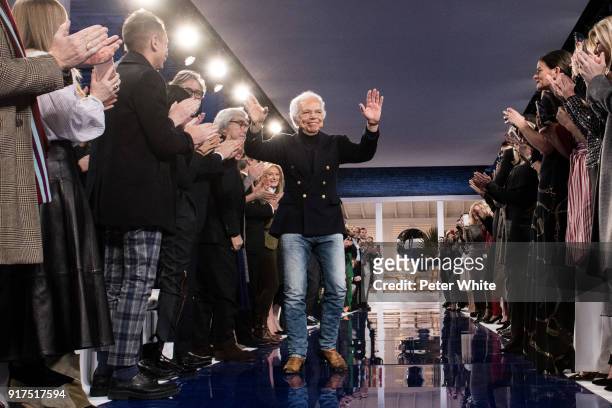 Designer Ralph Lauren greets attendees at Ralph Lauren Spring/Summer 18 fashion show during the New York Fashion Week on February 12, 2018 in New...
