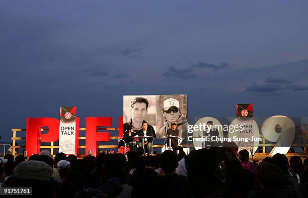 Director Bryan Singer and Kim Ji-Woon attend the Open talk during the 14th Pusan International Film Festival at the Haeundae beach on October 11,...