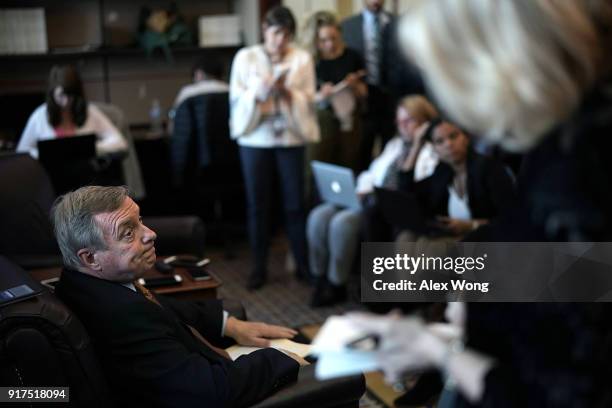 Senate Minority Whip Sen. Richard Durbin speaks to members of the media on immigration during a pen and pad at the Capitol February 12, 2018 in...