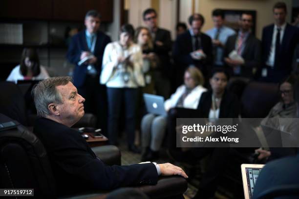 Senate Minority Whip Sen. Richard Durbin speaks to members of the media on immigration during a pen and pad at the Capitol February 12, 2018 in...