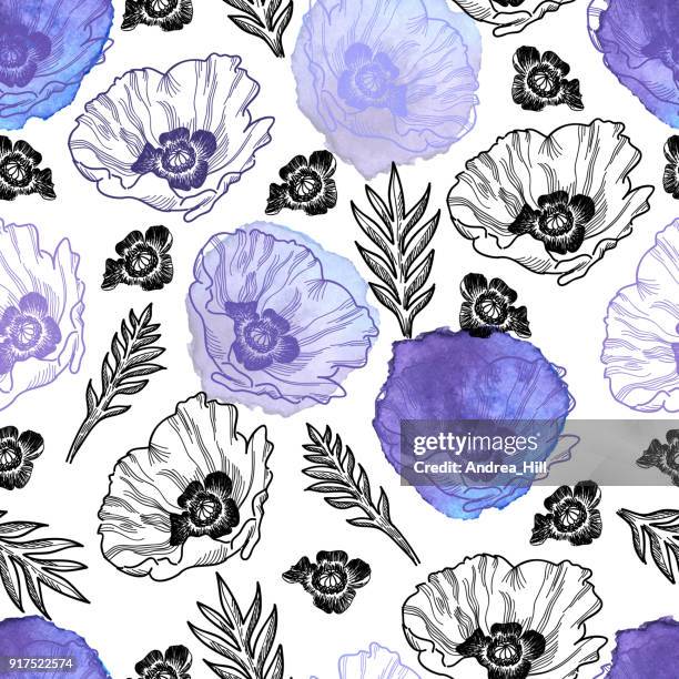 poppy seamless vector pattern - ink drawing with watercolor texture - remembrance day canada stock illustrations