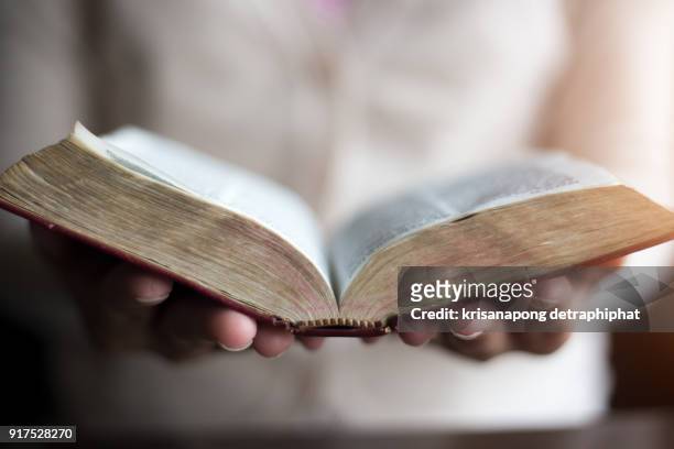 woman reading holy bible. - religion stockfoto's en -beelden