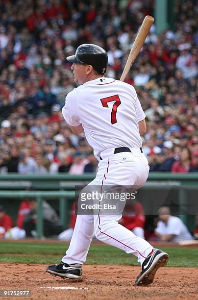 Drew of the Boston Red Sox hits a two run home run to score Mike Lowell in the fourth inning of Game Three of the ALDS against the Los Angeles Angels...