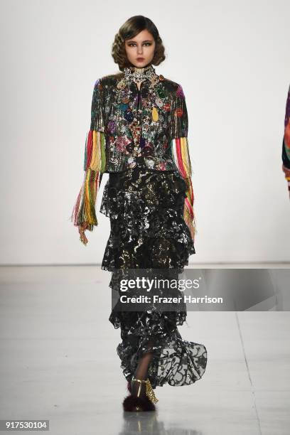 Model walks the runway for Libertine during New York Fashion Week: The Shows at Gallery II at Spring Studios on February 12, 2018 in New York City.