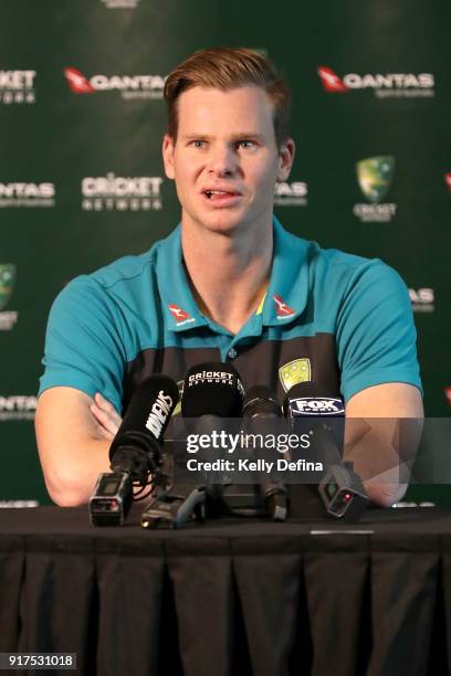 Steve Smith speaks to the media during a press conference at Quay West Hotel on February 13, 2018 in Melbourne, Australia.