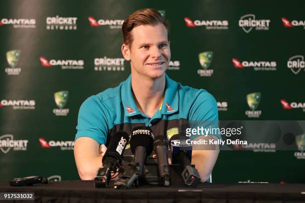 Steve Smith speaks to the media during a press conference at Quay West Hotel on February 13, 2018 in Melbourne, Australia.