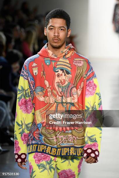 Model walks the runway for Libertine during New York Fashion Week: The Shows at Gallery II at Spring Studios on February 12, 2018 in New York City.