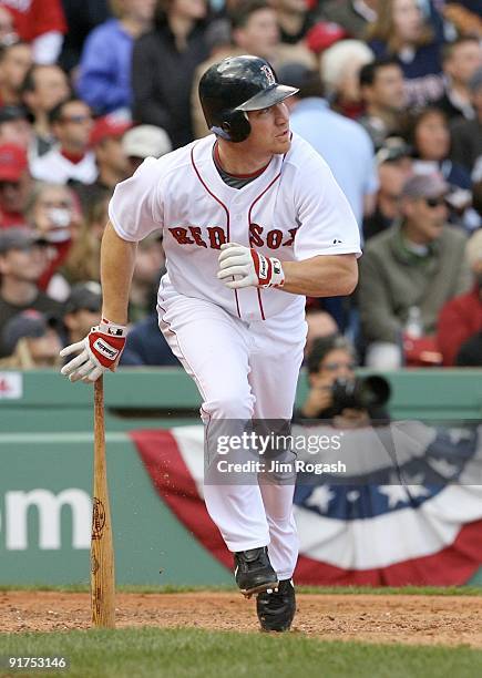 Drew of the Boston Red Sox hits a two-run home run in the fourth inning against the Los Angeles Angels of Anaheim in Game Three of the ALDS during...