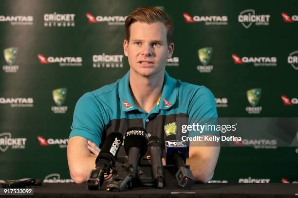 Steve Smith speaks to the media during a press conference at Quay West Hotel on February 13, 2018 in Melbourne, Australia.