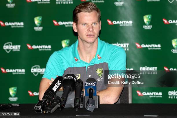 Steve Smith speaks to the media during a press conference at Quay West Hotel on February 13, 2018 in Melbourne, Australia.