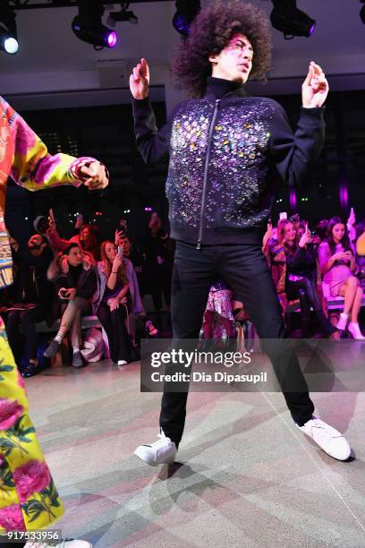 Models dance down the runway at the Libertine fashion show during New York Fashion Week: The Shows at Gallery II at Spring Studios on February 12,...