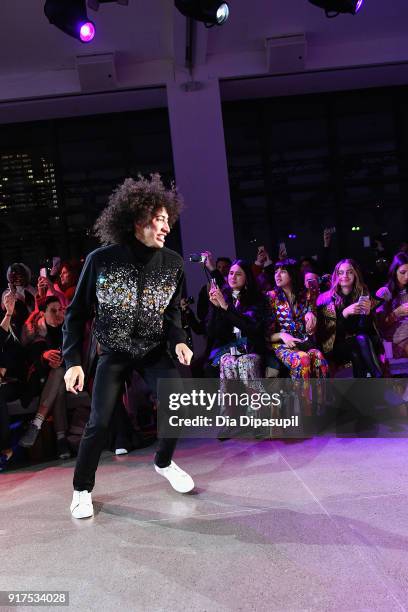 Models dance down the runway at the Libertine fashion show during New York Fashion Week: The Shows at Gallery II at Spring Studios on February 12,...