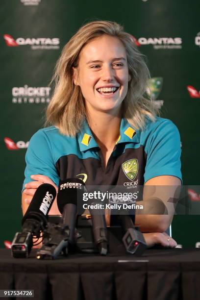 Ellyse Perry speaks to the media during a press conference at Quay West Hotel on February 13, 2018 in Melbourne, Australia.