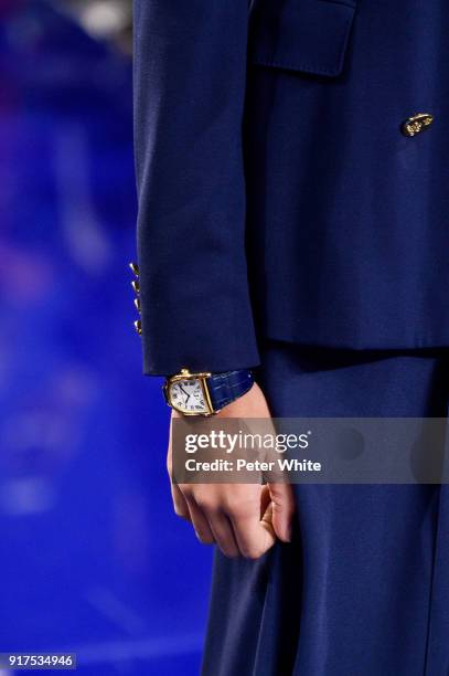 Model, belt detail, walks the runway at Ralph Lauren Spring/Summer 18 fashion show during the New York Fashion Week on February 12, 2018 in New York...